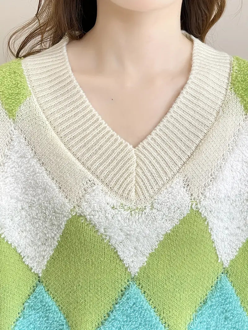 Natalia - Strickpullover mit Karomuster und V-Ausschnitt