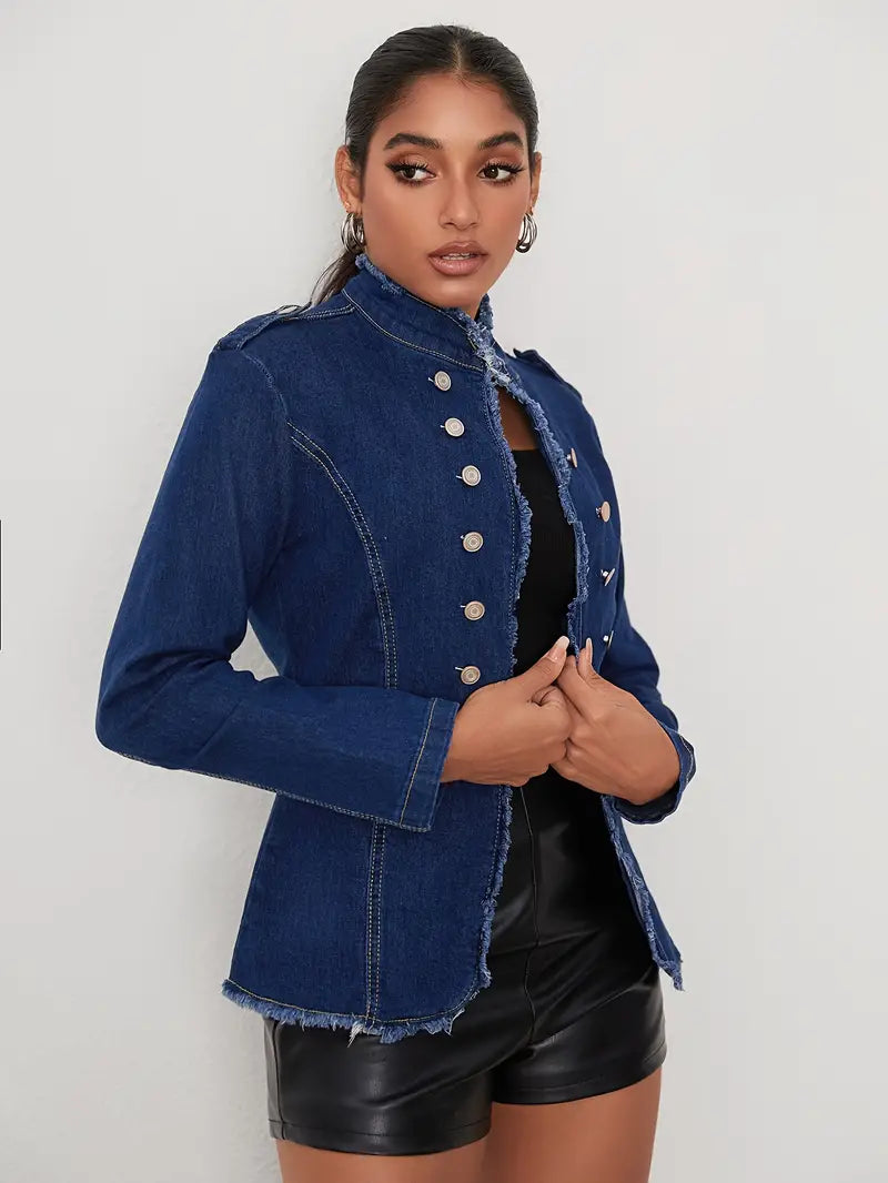 Katharina - Langarm Denimjacke, Knopfleiste, Rauer Saum