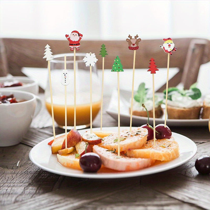 100pcs, Festive Christmas Cocktail Picks - Wooden Sticks With Snowflakes, Snowmen, Reindeer & Trees For Holiday Drinks, Appetizers & Party Decorations