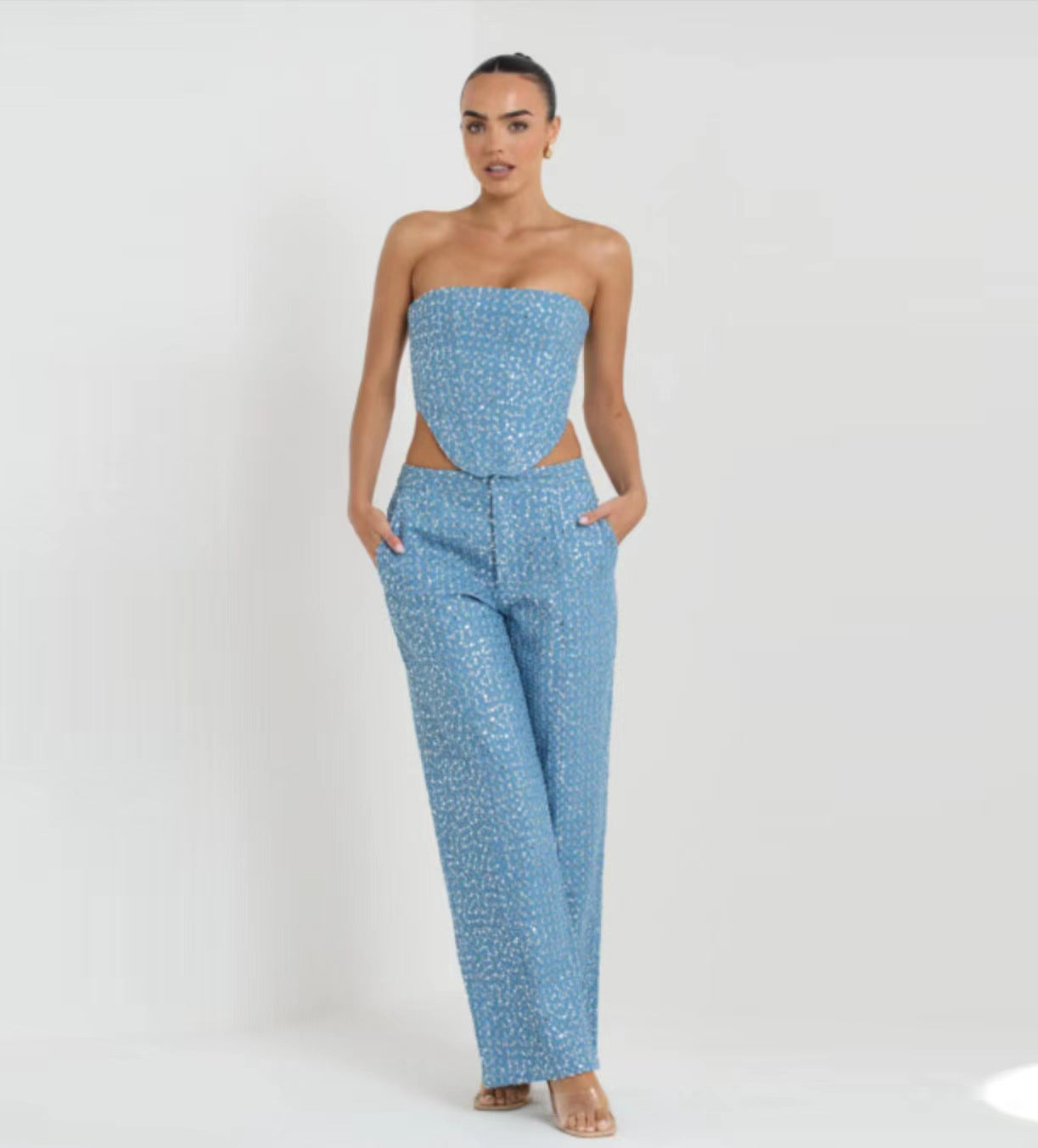 Inga - Zweiteiliges Set aus Denim-Oberteil mit Pailletten und Hose mit weitem Bein