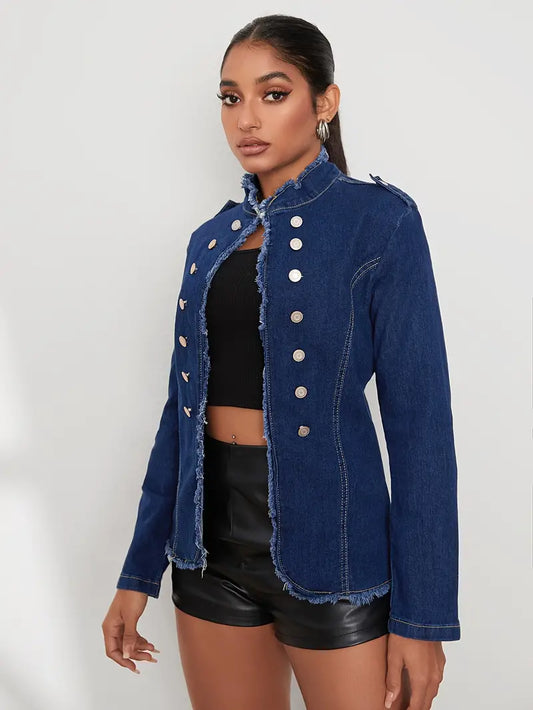 Katharina - Langarm Denimjacke, Knopfleiste, Rauer Saum