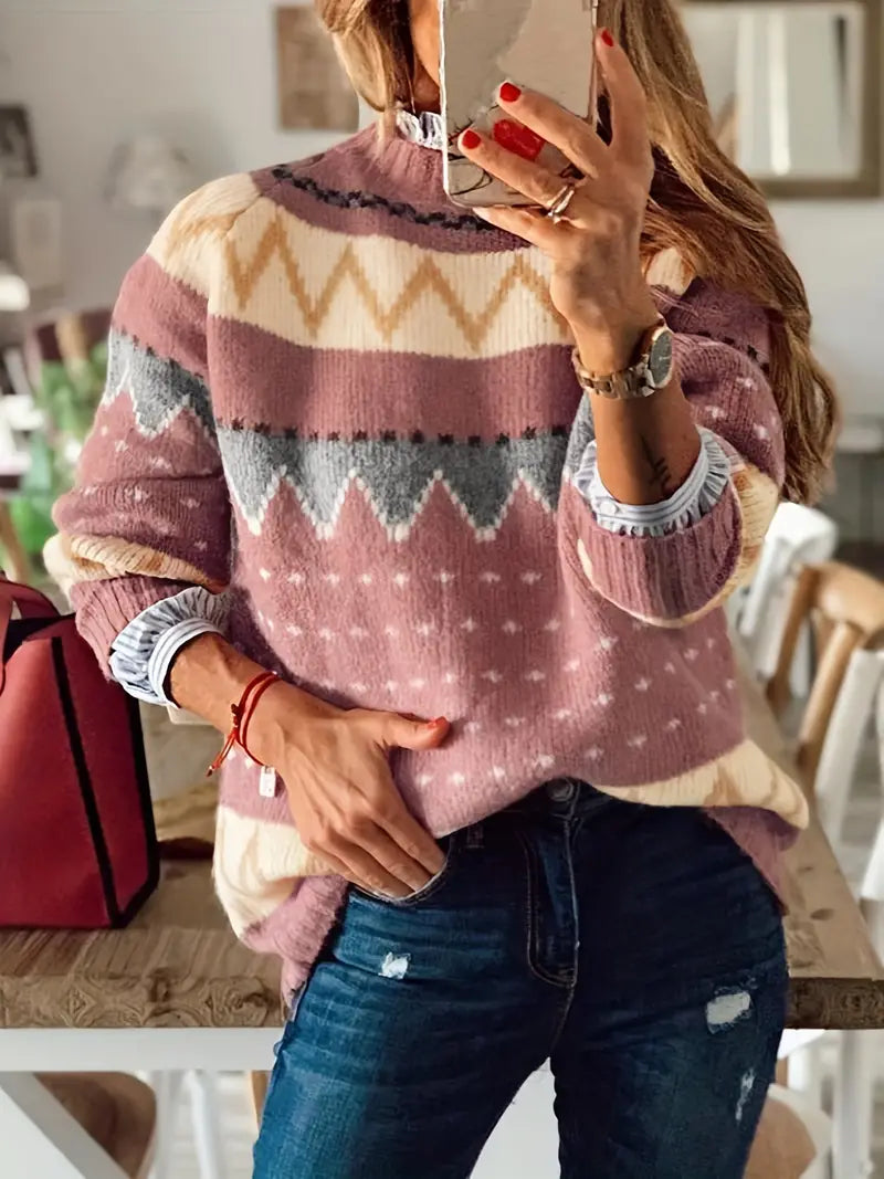 Anneliese - Strickpullover mit grafischem Muster und Stehkragen