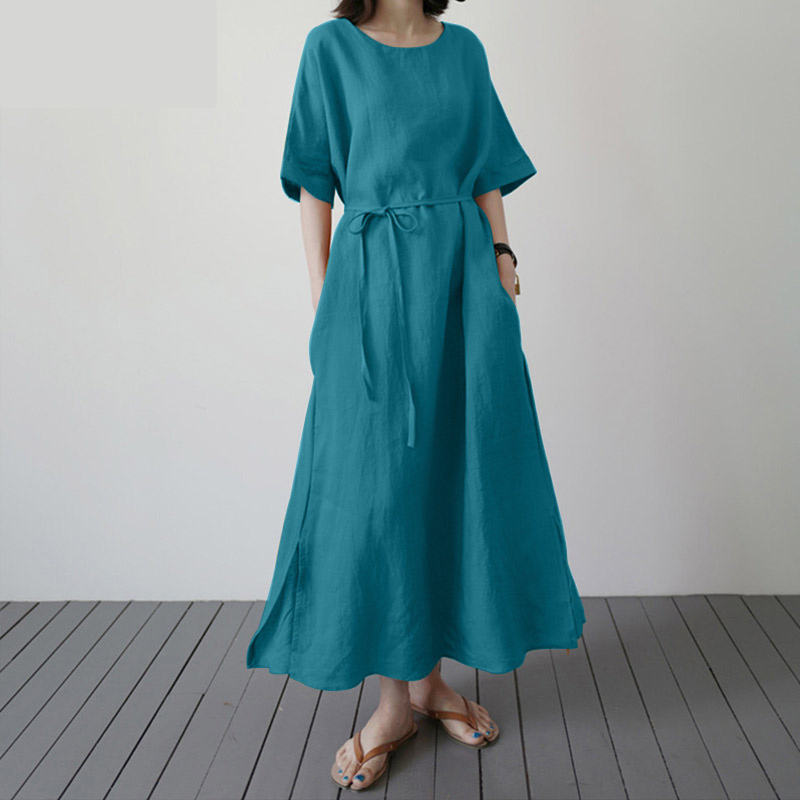 Emilia - Blaues Baumwoll-Maxikleid