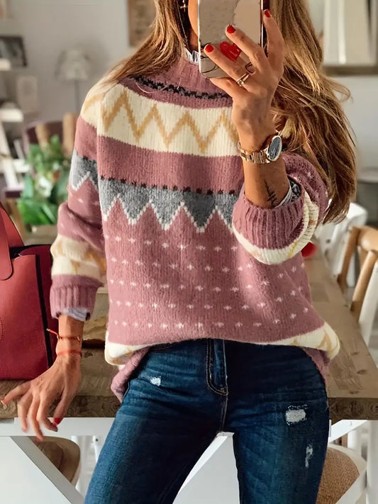 Anneliese - Strickpullover mit grafischem Muster und Stehkragen