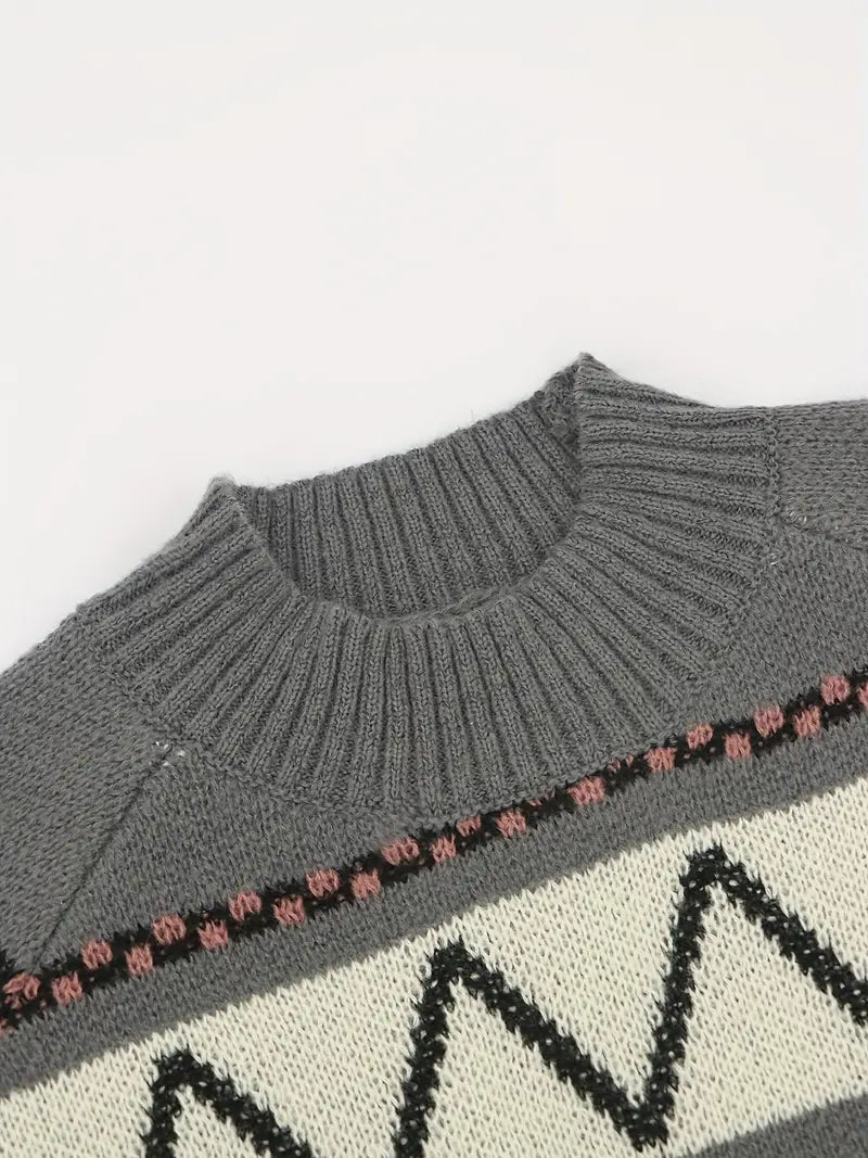 Anneliese - Strickpullover mit grafischem Muster und Stehkragen