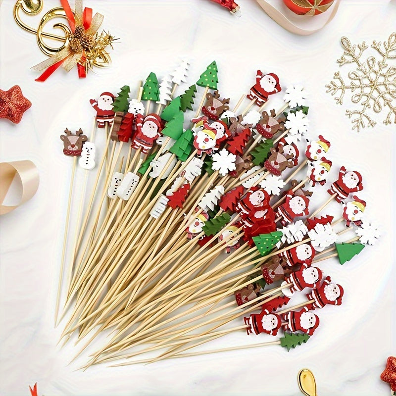 100pcs, Festive Christmas Cocktail Picks - Wooden Sticks With Snowflakes, Snowmen, Reindeer & Trees For Holiday Drinks, Appetizers & Party Decorations