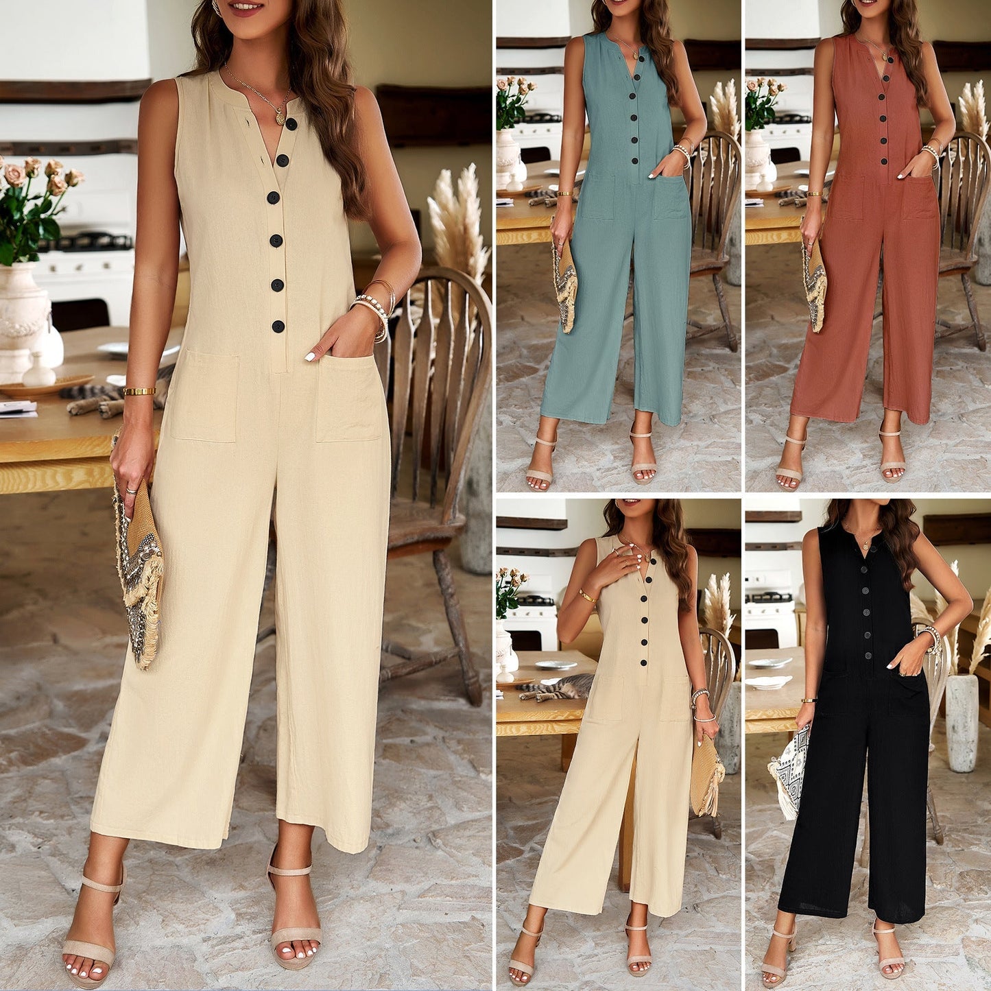 Frieda - Ärmelloser Jumpsuit mit Knöpfen und Taschen