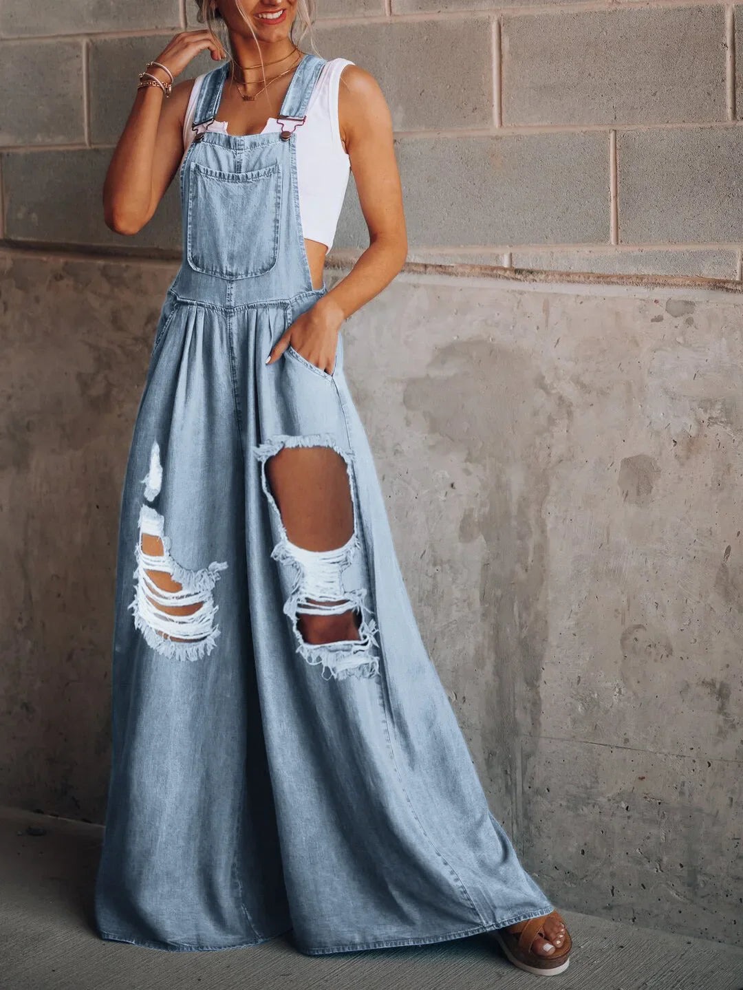 Lyanna - Zerrissener Denim-Jumpsuit mit weitem Bein für Damen