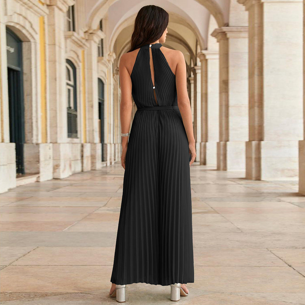 Anneliese - Schwarz Neckholder-Jumpsuit mit Falten und Taillenband