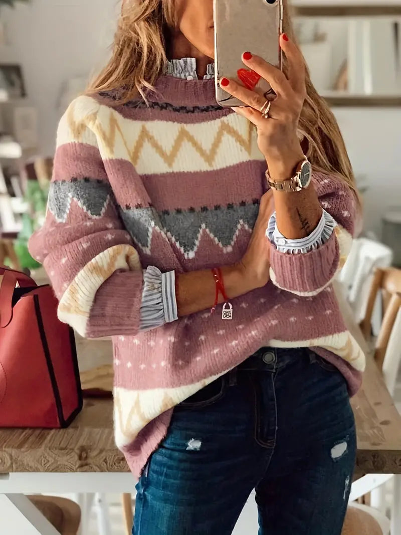 Anneliese - Strickpullover mit grafischem Muster und Stehkragen