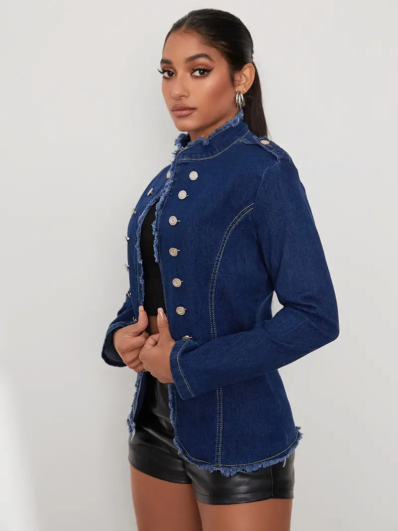 Katharina - Langarm Denimjacke, Knopfleiste, Rauer Saum