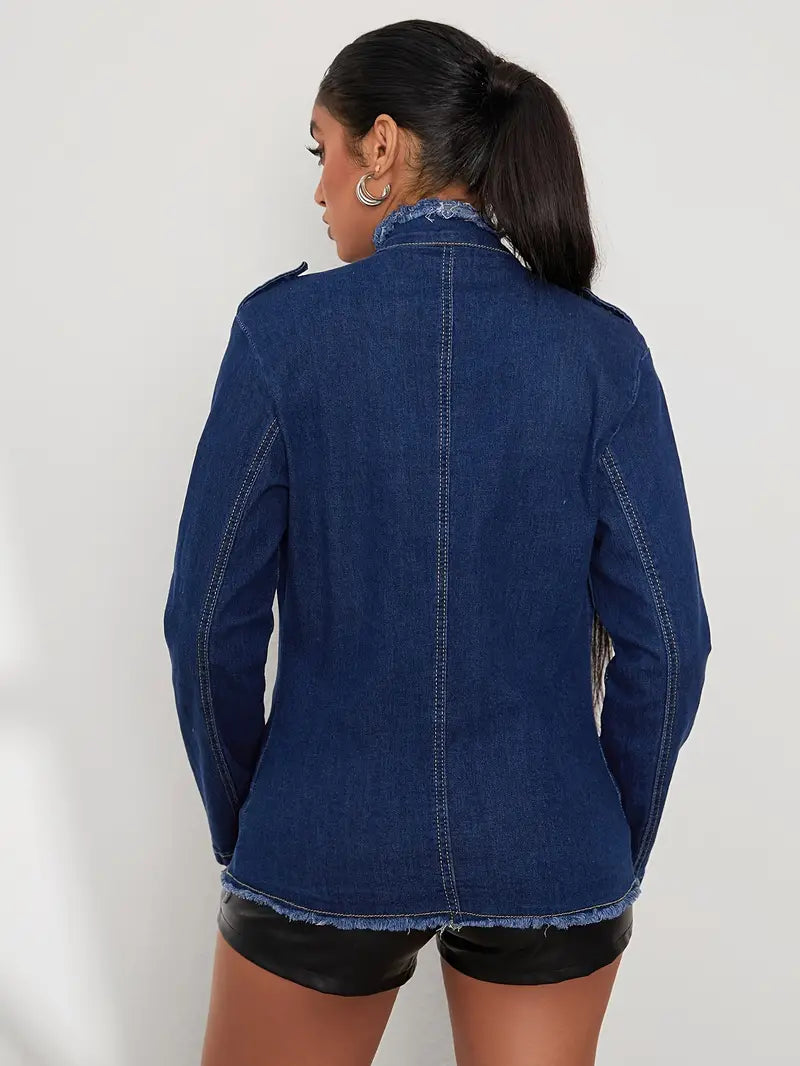 Katharina - Langarm Denimjacke, Knopfleiste, Rauer Saum