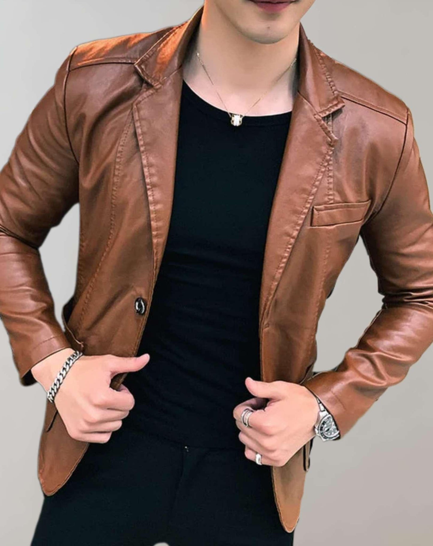 Leonardo - lässige Slim-Fit-Lederjacke mit Taschen und Knopfverschluss